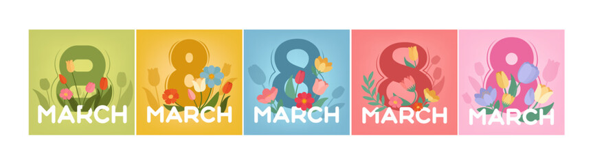 Set of greeting cards for International Women's Day with text 8 MARCH and beautiful flowers 