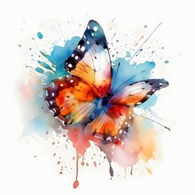 WATERCOLOR Image Of ADORABLE Fantasy Butterfly, Multi Pastel Colorful , WHITE BACKGROUND, 4K HD