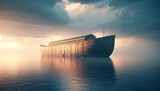 Fototapeta  - Majestic Noah's Ark Replica at Sunset on Serene Waters