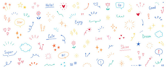 Aufkleber - Doodle cute star, heart, arrow pen line color elements. Doodle heart, emphasis, star, sparkle decoration symbol set icon. Simple sketch line style text decoration elements. Vector illustration