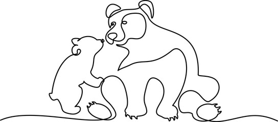 Wall Mural - continuous one line drawing. bear with baby cub. vector illustration