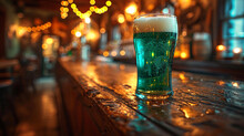 Glass Of Green Beer On Black Table Against Blurred Lights, Space For Text. St Patrick's Day Celebration, Saint Of Ireland, Irish Tradition