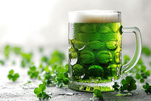 St. Patrick's Day Green Beer Pint Glass Over White Background, With Shamrock Leaves, Saint Of Ireland