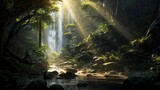 Fototapeta Tęcza - Sunlight filtering through dense trees, illuminating a cascading waterfall in a tranquil forest setting.
