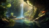 Fototapeta Tęcza - Sunlight filtering through the foliage, illuminating a hidden waterfall as it gracefully flows into a serene pool below.