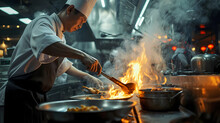 A Chef Busy Cooking Typical Chinese Dishes