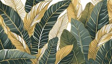 Abstract Luxury Art Background With Tropical Leaves In Blue And Green Colors With Golden Art Line