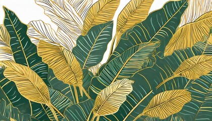 Tropical leaf Wallpaper, Luxury nature leaves pattern design, Golden banana leaf line arts, Hand drawn outline design