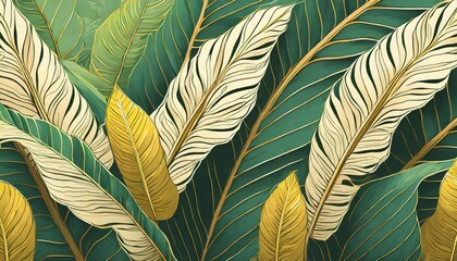 Wall Mural - Tropical leaf Wallpaper, Luxury nature leaves pattern design, Golden banana leaf line arts, Hand drawn outline design for fabric