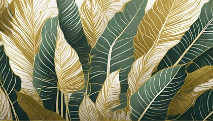 Tropical leaf Wallpaper, Luxury nature leaves pattern design, Golden banana leaf line arts, Hand drawn outline design for fabric