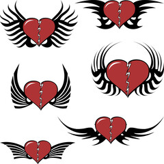 Wall Mural - red winged heart tattoo ink sticker pack collection in vector format