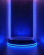 3d blue cylinder pedestal podium in blue abstract room with illuminate horizontal neon lamp