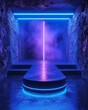 3d blue cylinder pedestal podium in blue abstract room with illuminate horizontal neon lamp