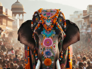 Closeup of a Decorated elephant at the elephant festival in Jaipur