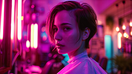 Wall Mural - A portrait of a woman with a thin haircut in a neon barbershop, where light warm lights give comfo