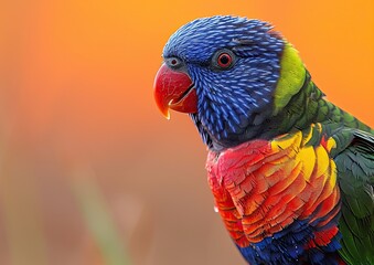 Colorful Rainbow Lorikeet on Orange Background - Striking Parrot Portrait with Vivid Feathers