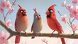 © Barbara Taylor - happy cartoon of a cardinal family sitting on a branch singing on a beautiful golden spring morning