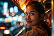 Happy young tourist Asian woman enjoy three wheel open air taxi