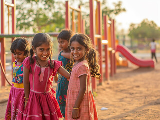 candit shot of happy indian children playful with friend at school playground