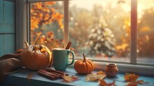 A Tabletop Adorned With Small Pumpkins, Cinnamon Sticks, And A Mug Of Hot Cocoa, All Bathed In Soft, Natural Light Filtering Through A Nearby Window