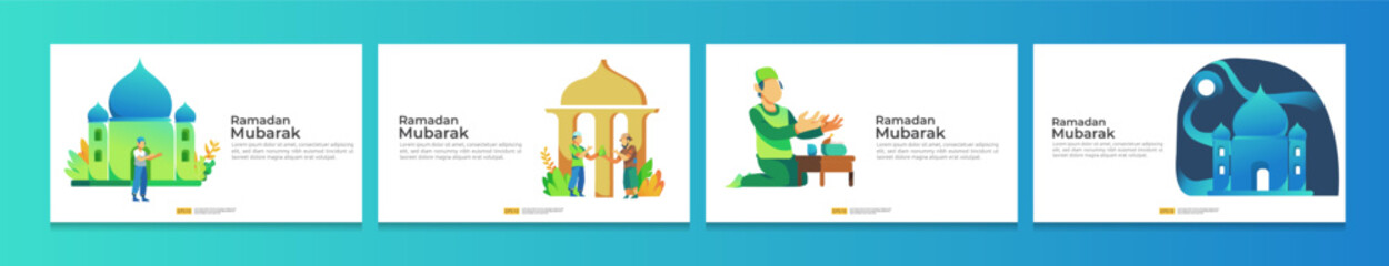 Canvas Print - happy ramadan mubarak and islamic eid fitr or adha flat design bundle set greeting concept with people character for web landing page template, banner, presentation, social, and print media