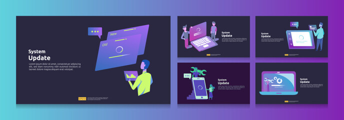 Data synchronize process and installation program. Update progress of operation system bundle set. illustration landing page template, banner, presentation, UI, poster, ad, promotion or print media