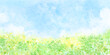 春のお花畑と青空をイメージした背景, ふんわり優しい水彩のイラストレーション