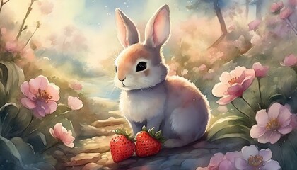 The cute rabbit with strawberries in the garden.