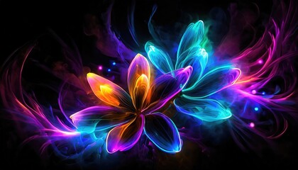 Wall Mural - Abstract neon light fractal flower at black background.