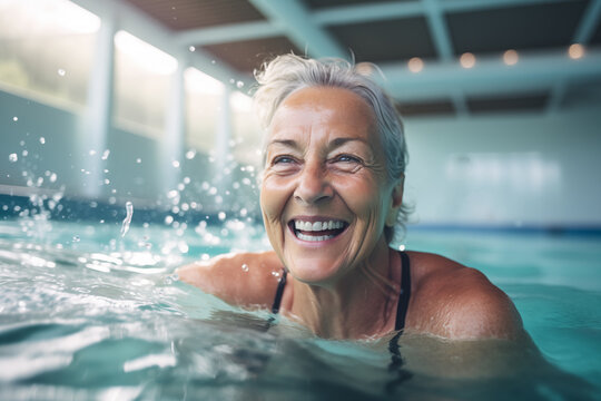 senior woman swimming in indoor swimming pool, smiling portrait of retired woman in water, sport for