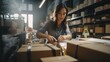 © panadda - Office scene, small business owner, a beautiful Lady, who applying labels on the package. Online shopping SME entrepreneur, Freelance working.