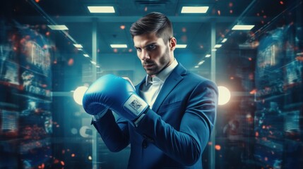 Businessmen wearing boxing gloves represent the modern, successful male lifestyle and embody the concept of leadership and the pursuit of business goals