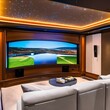 A high-tech media room with a massive curved screen, surround sound, and tiered seating5