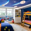 A space-themed kidsbedroom with glow-in-the-dark stars on the ceiling, rocket-shaped bookshelves, and planetary mobiles5