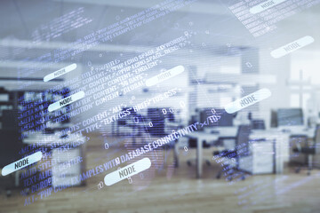 Wall Mural - multi exposure of abstract graphic coding sketch and world map on a modern furnished classroom backg