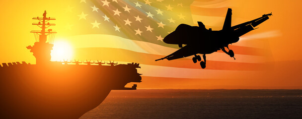 Wall Mural - Aircraft carrier and warplane on sea sunset background. National flag of USA. NAVY forces. 3d illustration.
