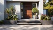 Brown modern house entrance with contemporary gray and white facade