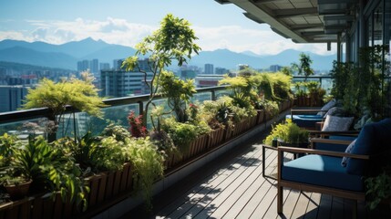 Sky garden on the hotel's private rooftop, with views of the city, mountain landscape and blue sky