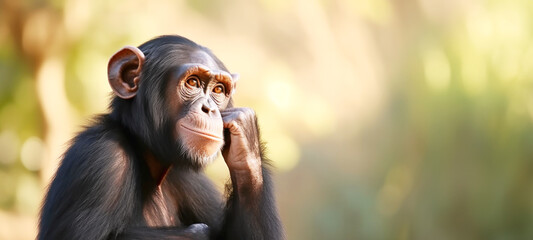 chimpanzee thinking with hand on its chin, staring thoughtfully, curious like asking a question, sit