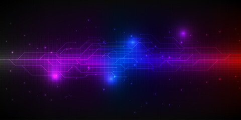 Wall Mural - Vector illustration of futuristic digital technology background with horizontal glowing dots field and tech circuit network for hi-tech advertising and game artwork.