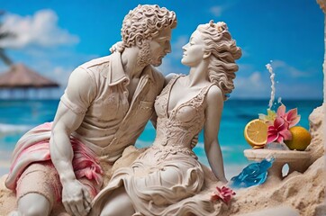 Wall Mural - Antique sand sculptures of man and woman on beach background with drinks. Concept of endless love, mythology, devotion, sacrifice, vamentine's day, summer vacation, family travel. AI generated