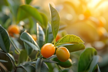 Close-up Kumquat with leaves in the garden at sunrise