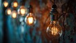  a bunch of light bulbs hanging from a wall with a wallpapered wall behind them and a string of lights hanging from the side of the wall.