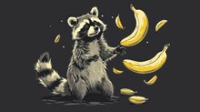  a raccoon standing on its hind legs in front of a bunch of banana peels and a bunch of bananas.