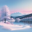 夜明けの湖と雪山のイラスト
