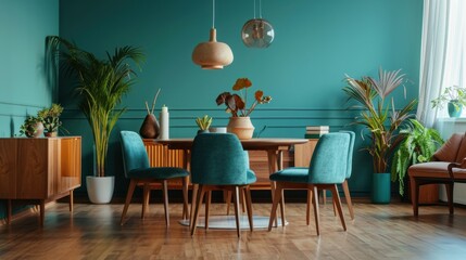 Poster -  a dining room with a wooden table surrounded by blue chairs and potted plants on either side of the table.