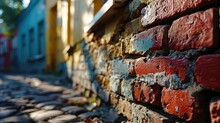  a close up of a brick wall with cobblestones on one side and a building on the other side.