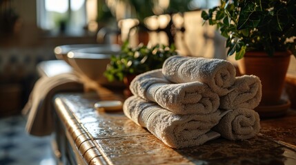  a stack of white towels sitting on top of a counter next to a potted plant on top of a wooden table.