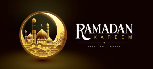 Sticker - Islamic festival poster background design with mosque, arabic calligraphy, crescent moon and lantern. Suitable for Ramadan Kareem , Hari Raya, Eid Mubarak, Eid al Adha.