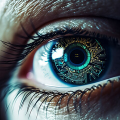 Macro Photography of human eye with printed circuits in the iris. biotechnology concept image